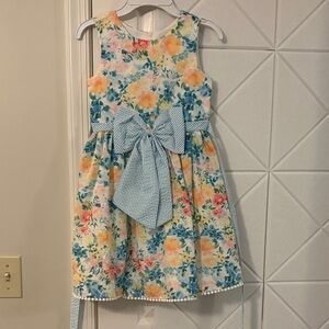 Rare Editions Floral Dress with Blue Striped Bow